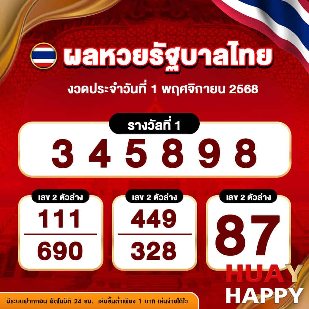 ผลหวยรัฐบาลไทย งวดวันที่ 1 พฤศจิกายน 2568