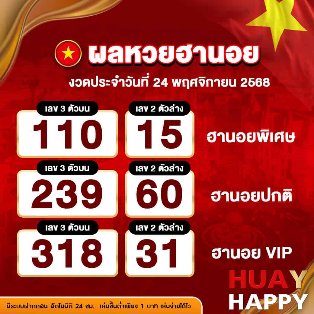 ผลหวยฮานอย งวดวันที่ 24 พฤศจิกายน 2568