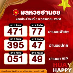 ผลหวยฮานอย งวดวันที่ 3 พฤศจิกายน 2568