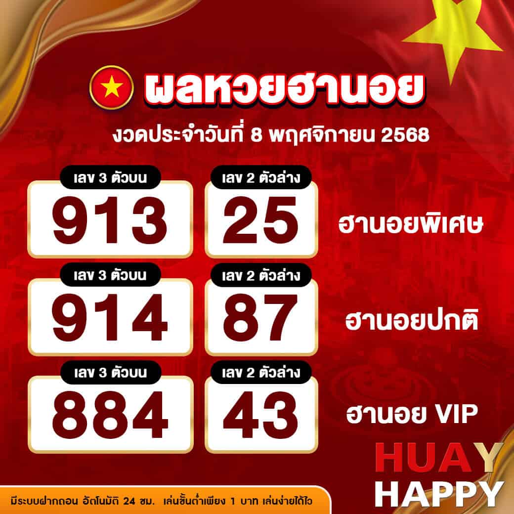 ผลหวยฮานอย งวดวันที่ 8 พฤศจิกายน 2568
