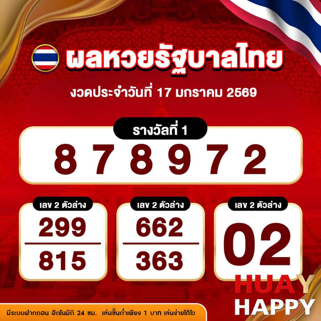 ผลหวยรัฐบาลไทย งวดวันที่ 17 มกราคม 2569